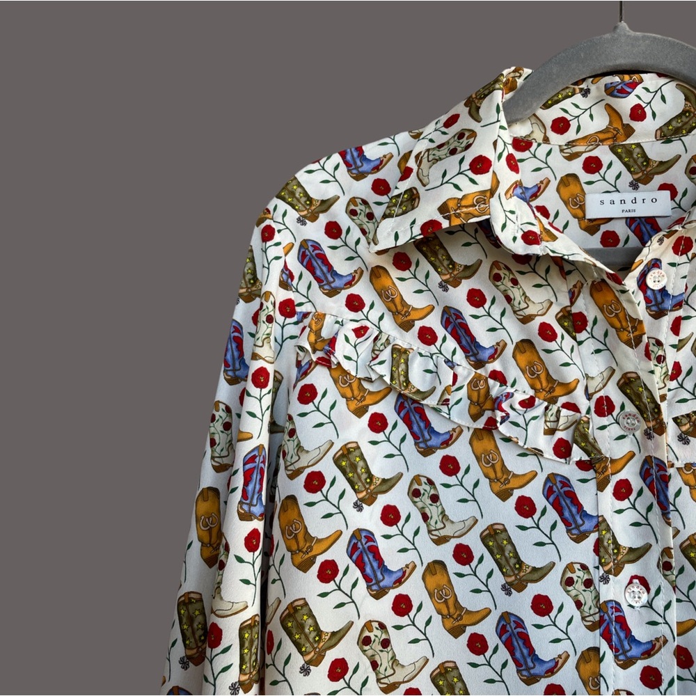 SANDRO Cream Cowboy Boot Printed French Western Ruffle Button Down Shirt Blouse - Picture 3 of 12